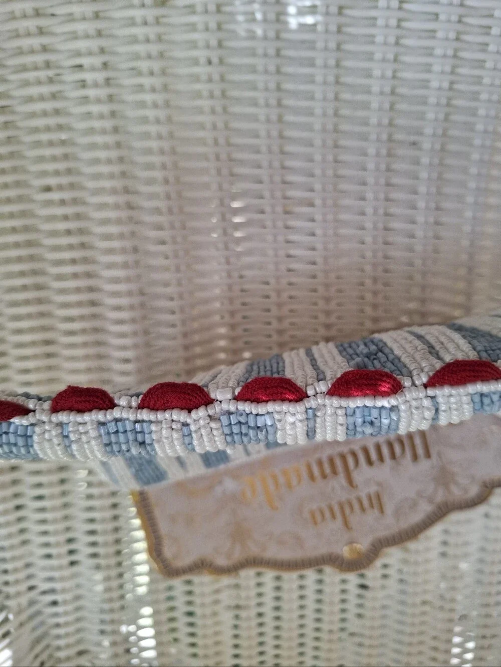 Handmade Blue And White Stripe Beaded Small Zipper Pouch Red Trim NWT